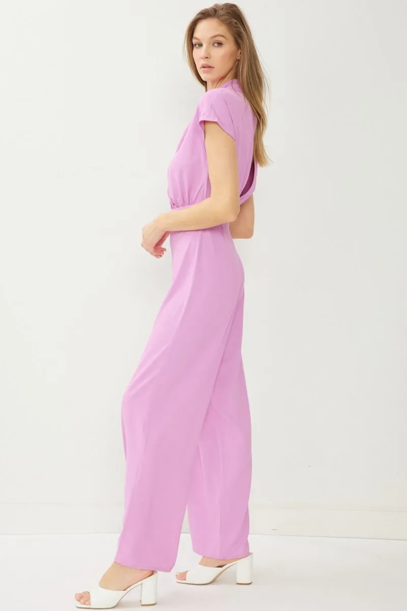 Twist Front Neck Short Sleeve Wide Leg Romper