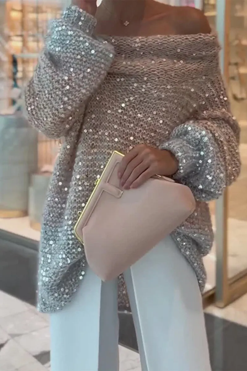 Uniwim  Casual Solid Sequins Sequined Off the Shoulder Sweaters