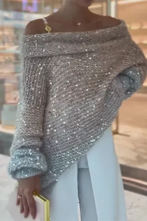 Uniwim  Casual Solid Sequins Sequined Off the Shoulder Sweaters