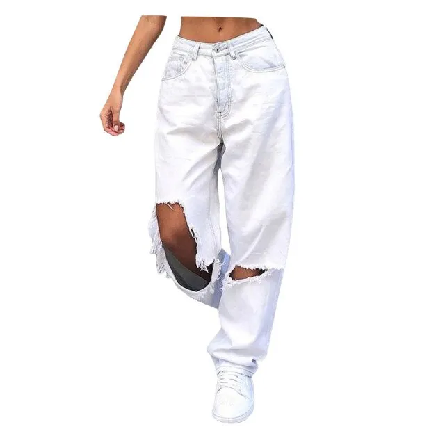 Uniwim - High Waist Women Jeans Retro Women Wide Leg Pants Trousers Streetwear Holes Ripped Y2K Jean Teen Girls Straight Denim Jeans