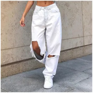 Uniwim - High Waist Women Jeans Retro Women Wide Leg Pants Trousers Streetwear Holes Ripped Y2K Jean Teen Girls Straight Denim Jeans