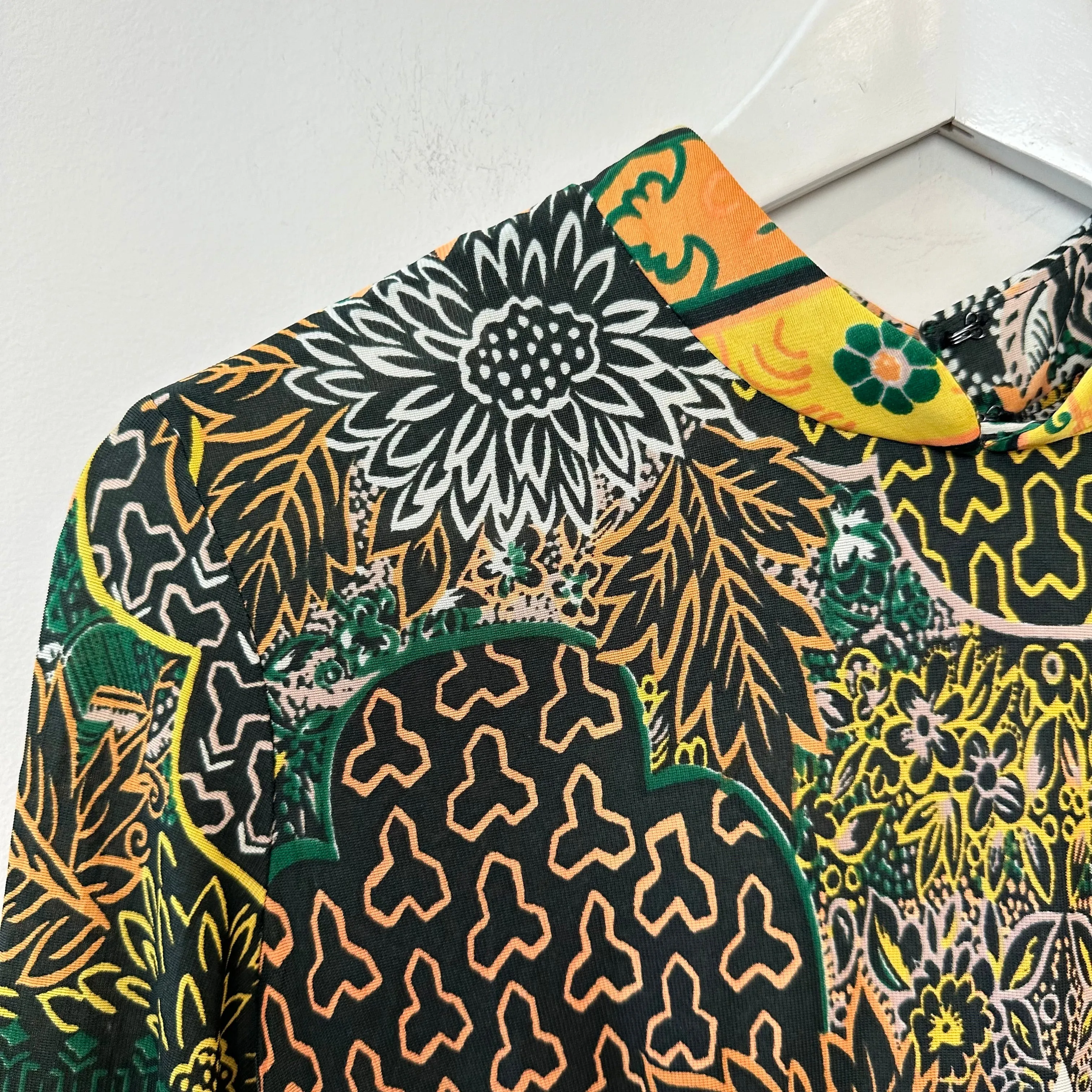 Vintage 60s 70s City Scene Maxi Dress Abstract Floral Boho Long Sleeve Medium