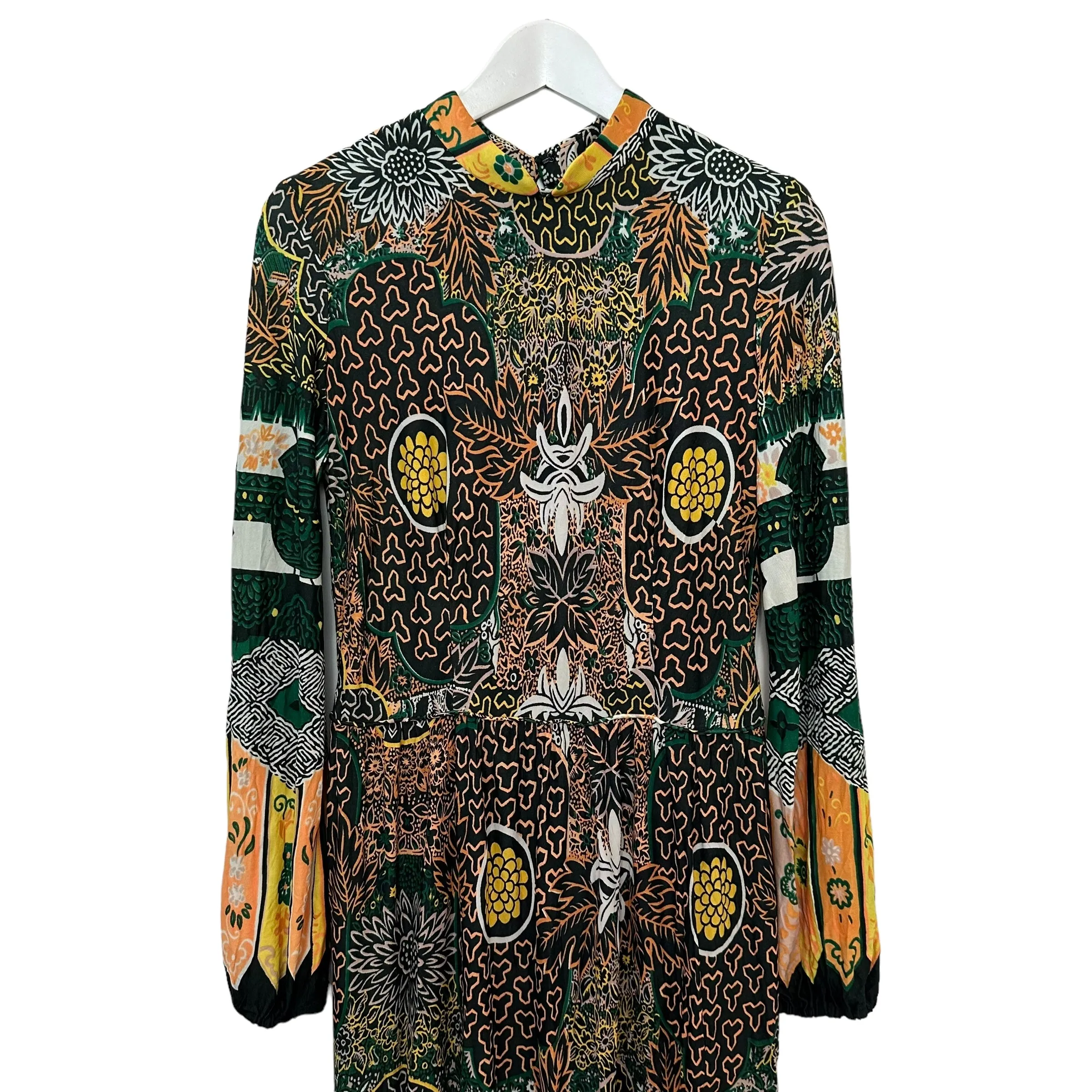 Vintage 60s 70s City Scene Maxi Dress Abstract Floral Boho Long Sleeve Medium