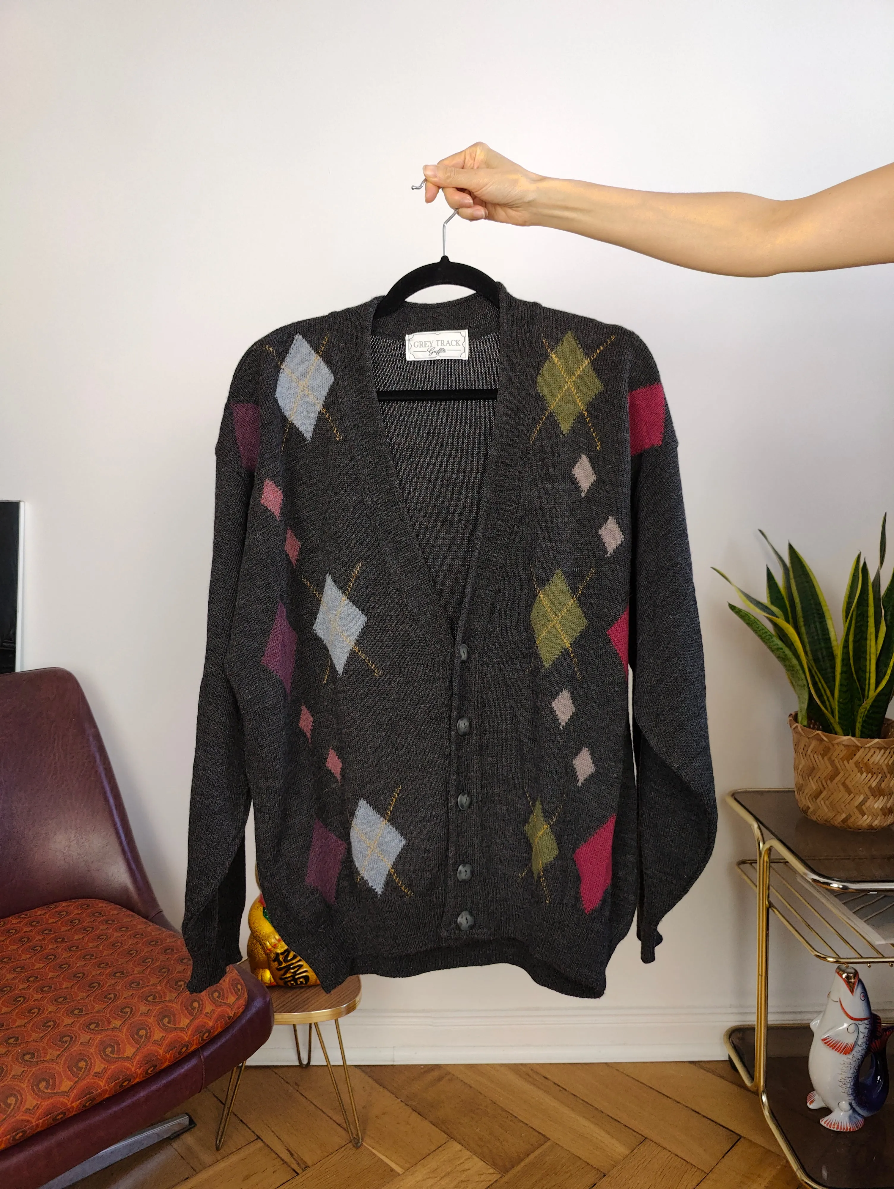 Vintage lambs wool cardigan L | grey knit knitted sweater argyle pattern diamonds women unisex men