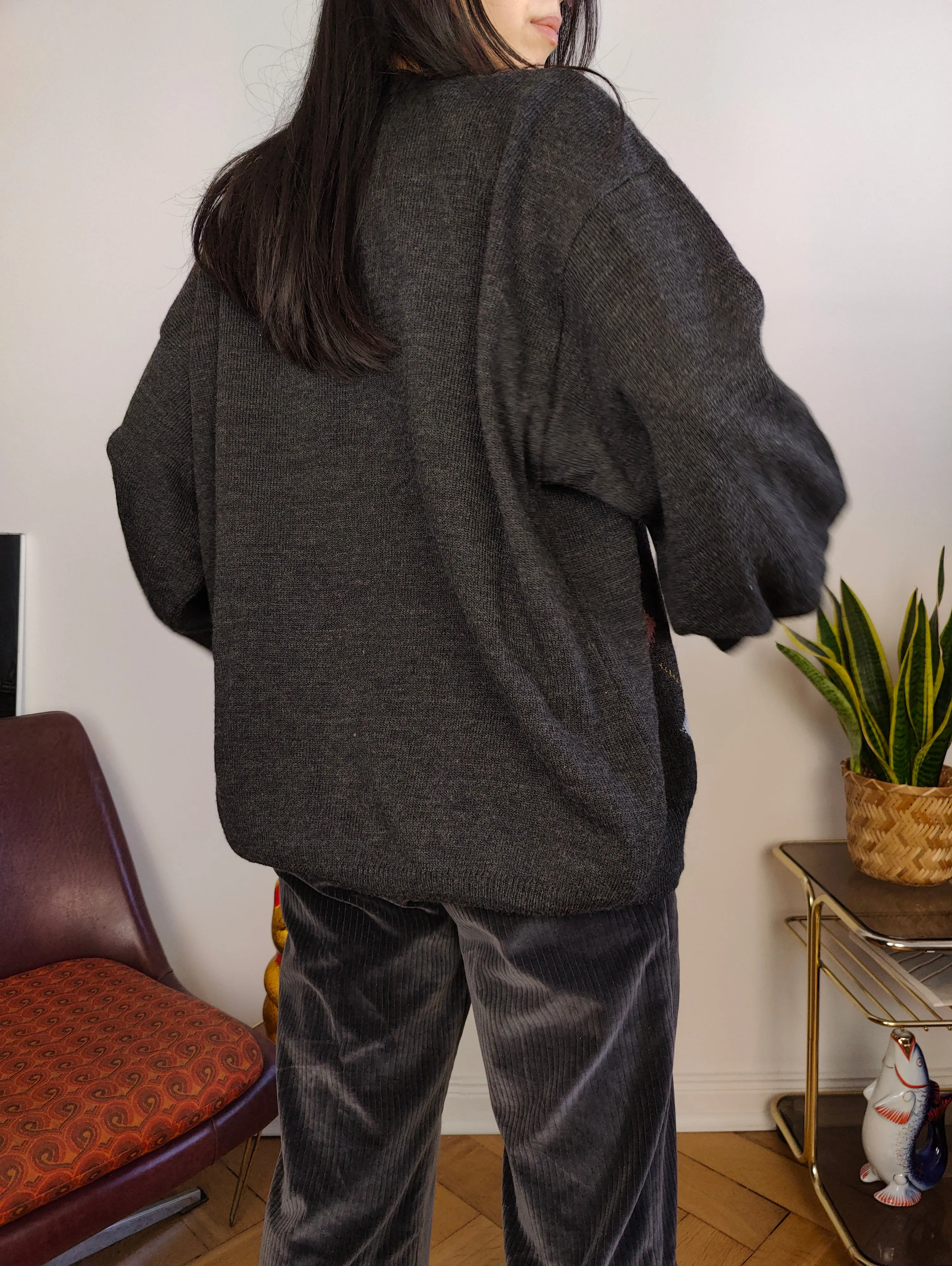 Vintage lambs wool cardigan L | grey knit knitted sweater argyle pattern diamonds women unisex men