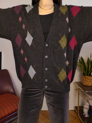 Vintage lambs wool cardigan L | grey knit knitted sweater argyle pattern diamonds women unisex men