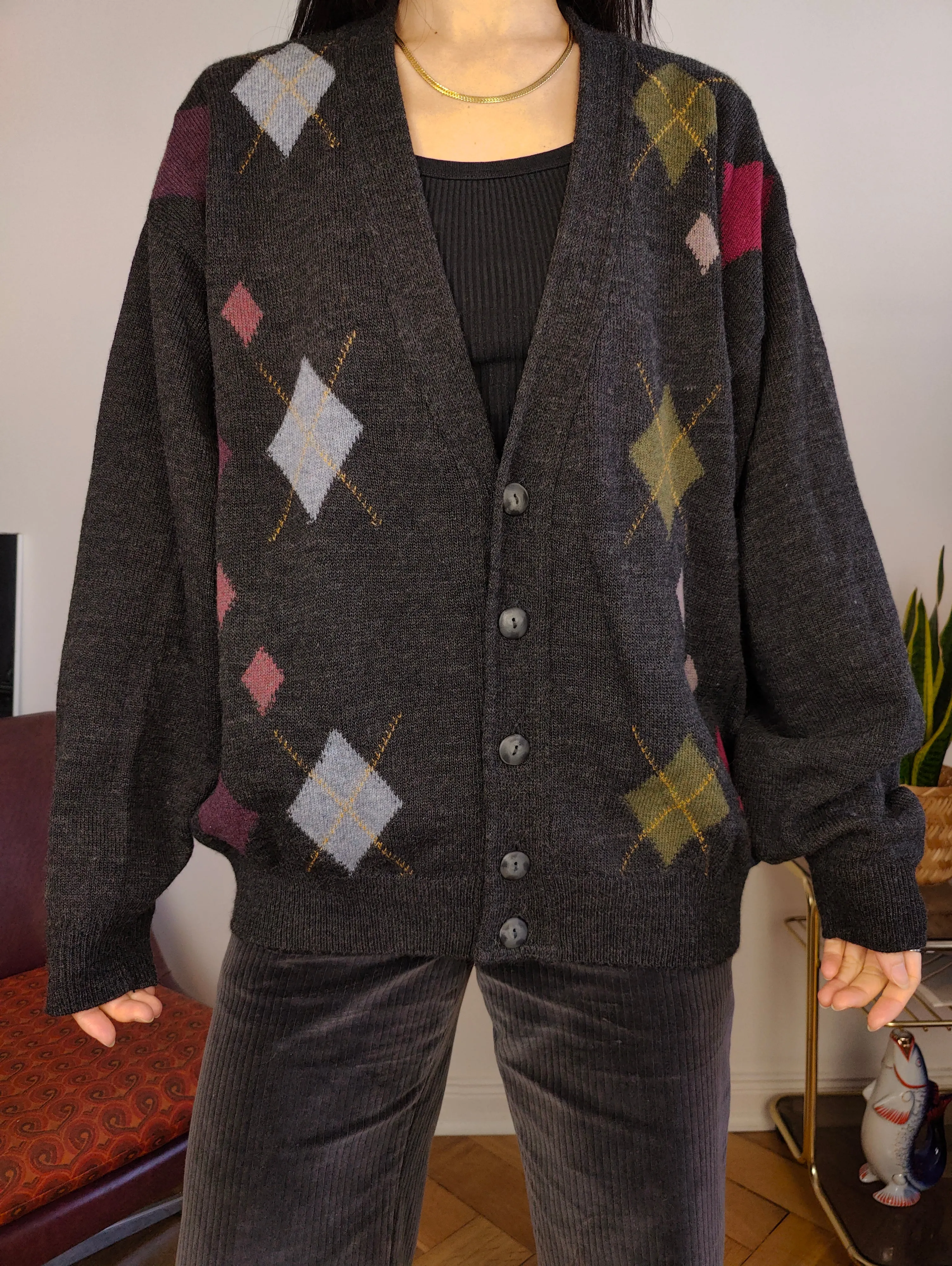 Vintage lambs wool cardigan L | grey knit knitted sweater argyle pattern diamonds women unisex men