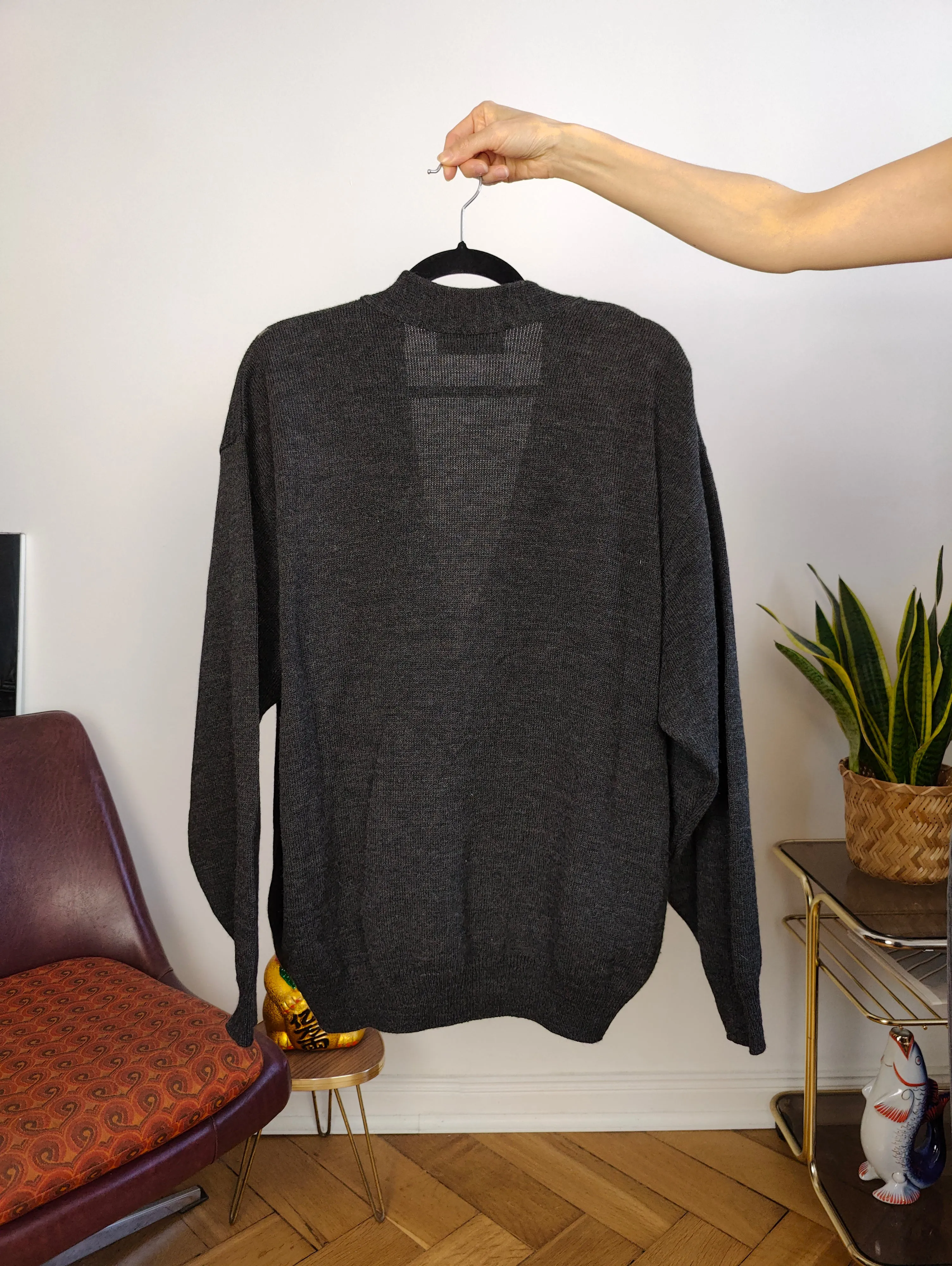 Vintage lambs wool cardigan L | grey knit knitted sweater argyle pattern diamonds women unisex men