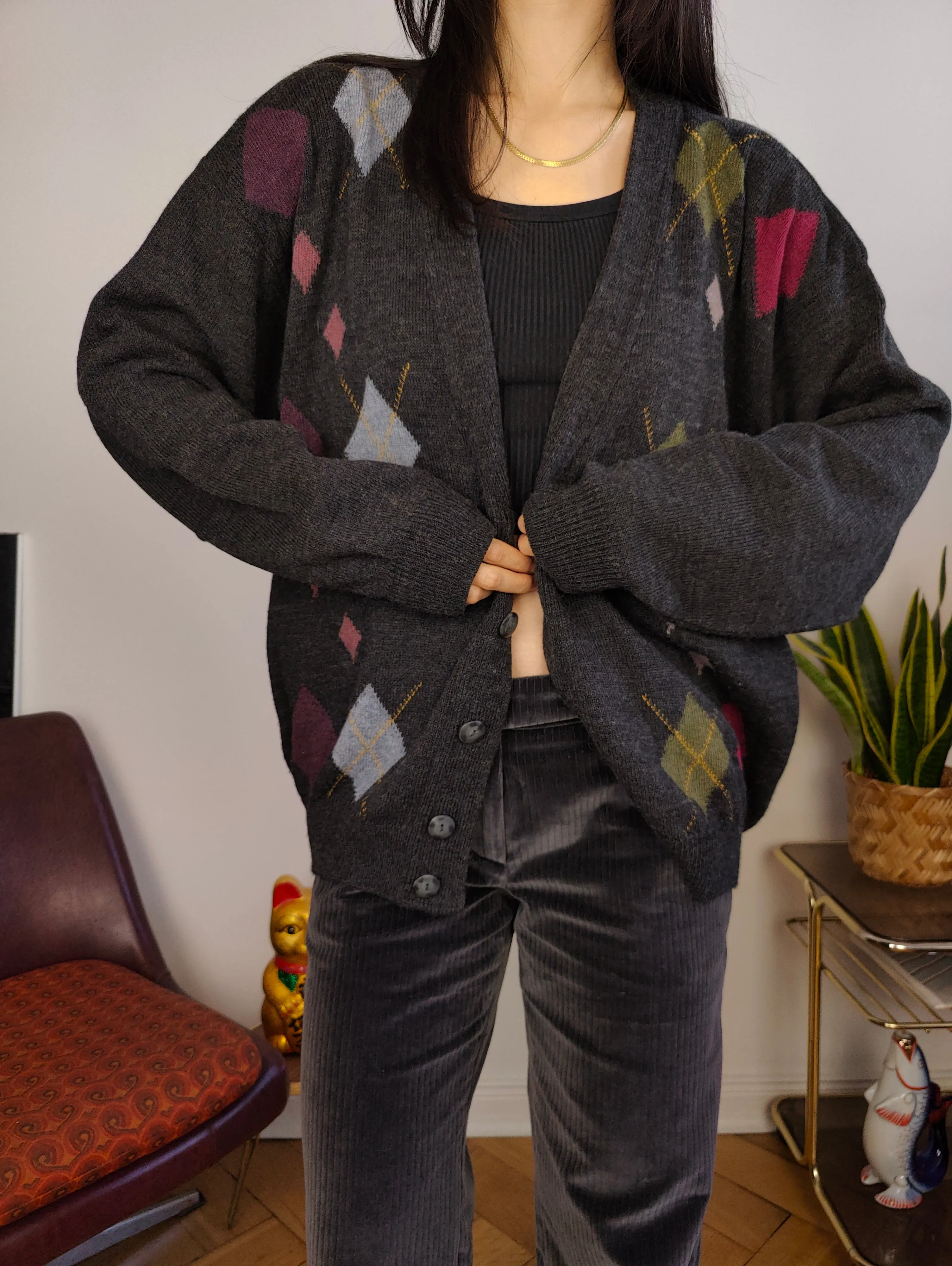 Vintage lambs wool cardigan L | grey knit knitted sweater argyle pattern diamonds women unisex men