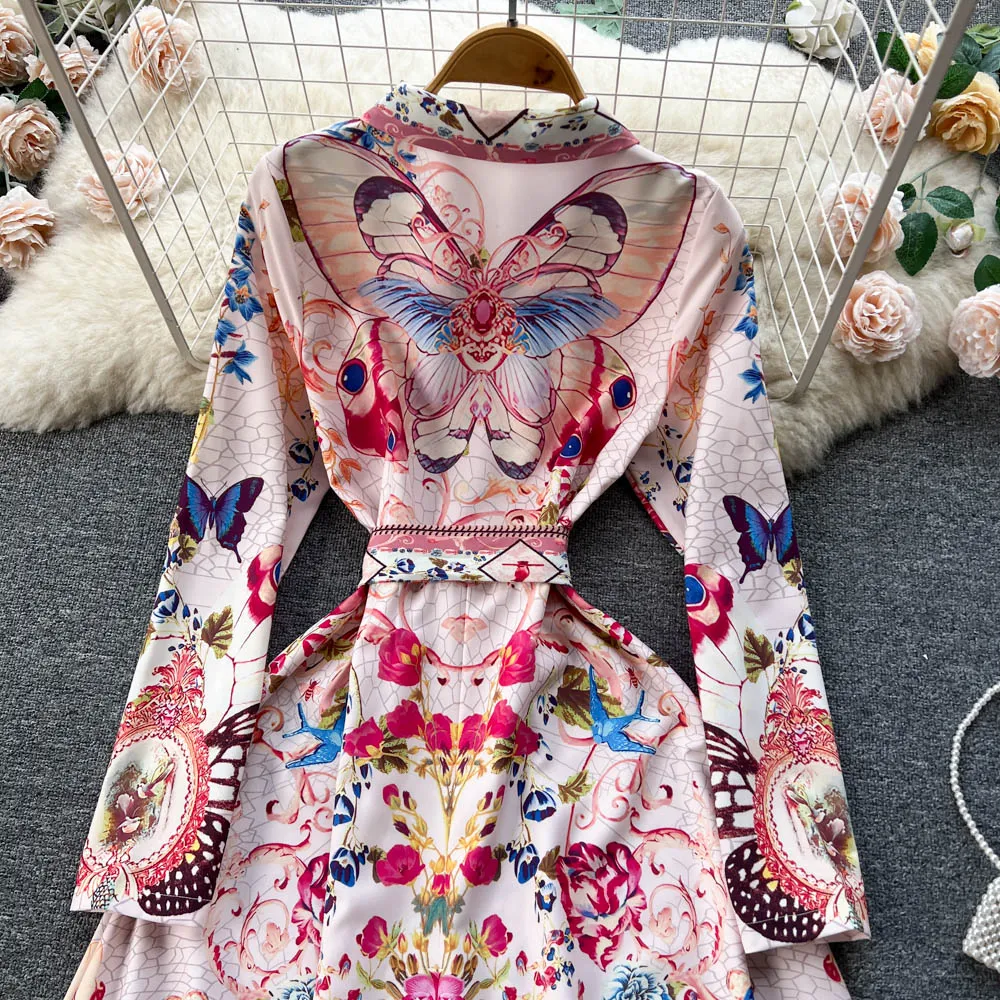 Vintage Printed Single-breasted A-line Dress