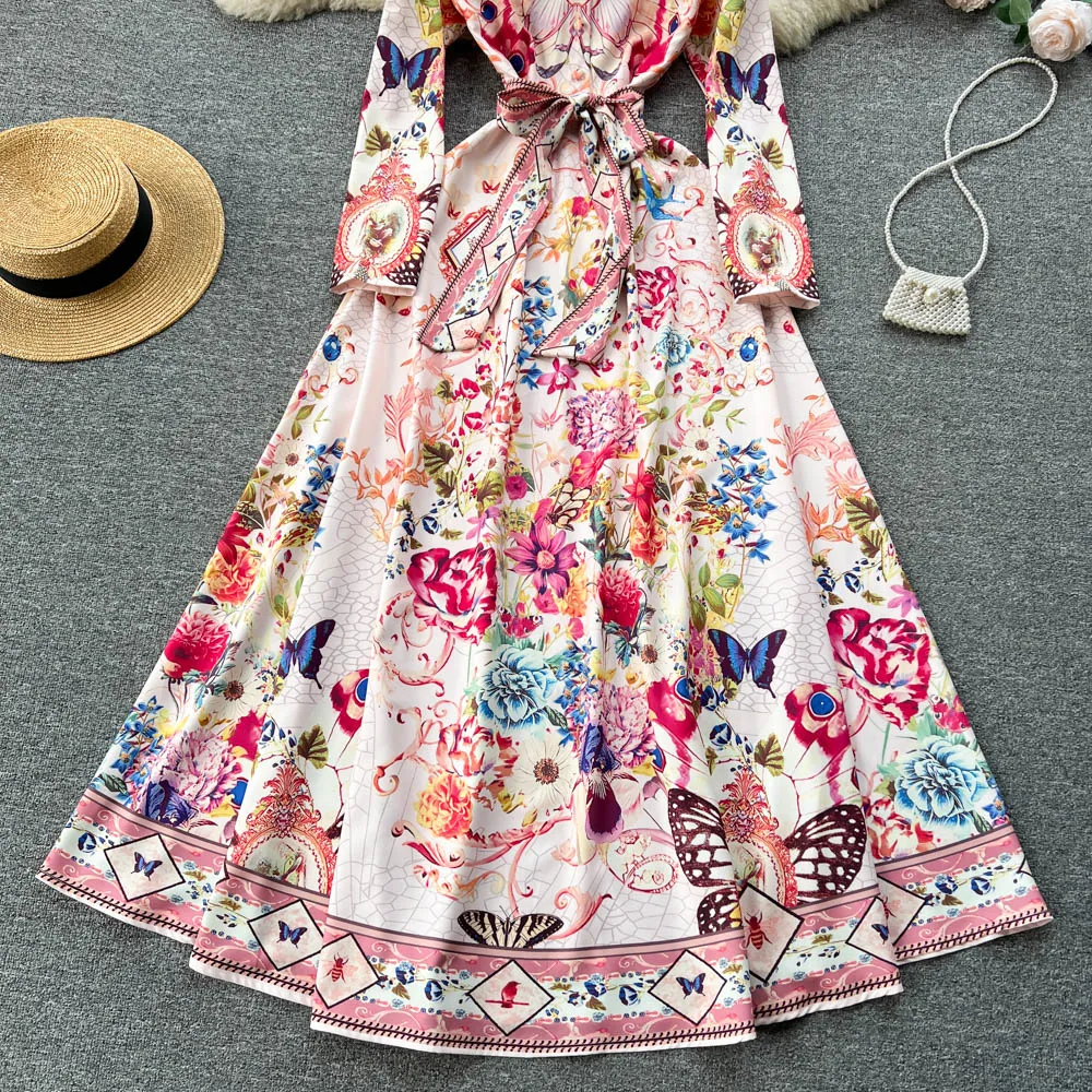 Vintage Printed Single-breasted A-line Dress