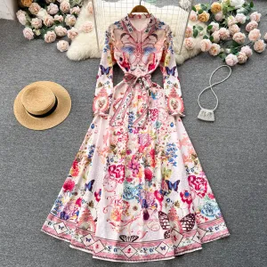 Vintage Printed Single-breasted A-line Dress
