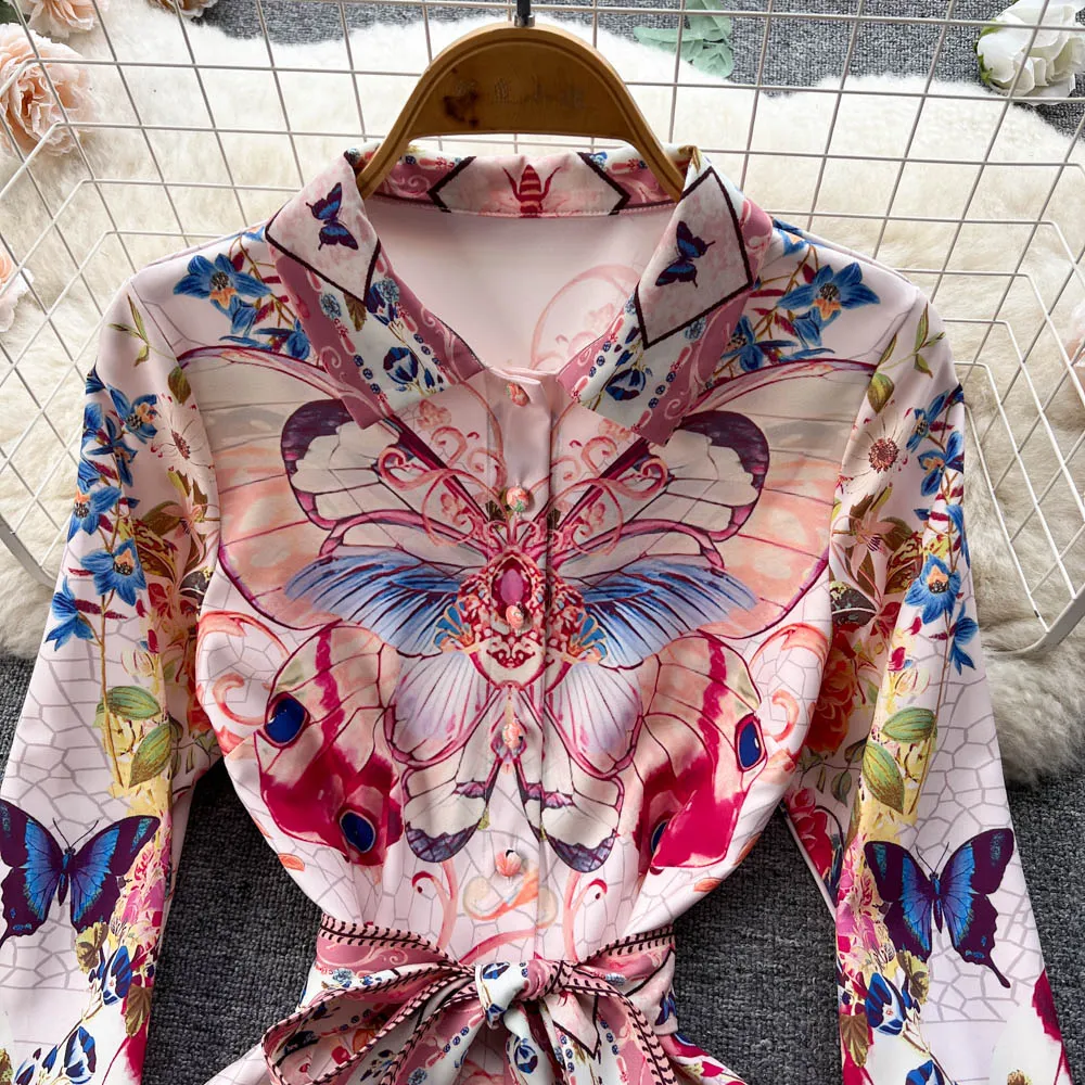 Vintage Printed Single-breasted A-line Dress