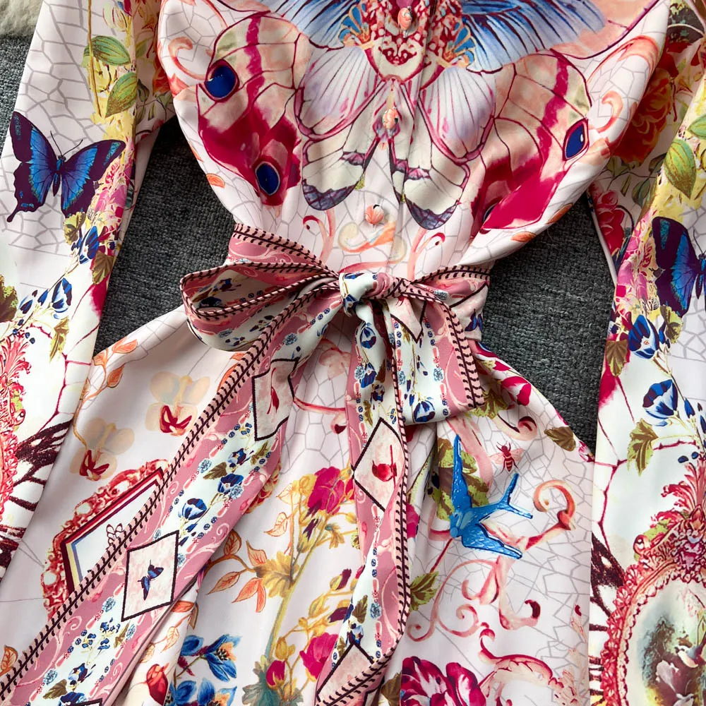 Vintage Printed Single-breasted A-line Dress