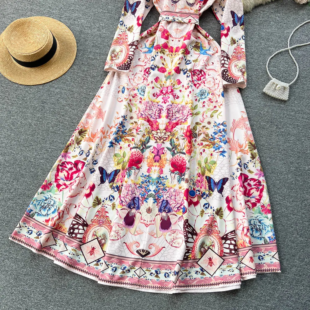 Vintage Printed Single-breasted A-line Dress