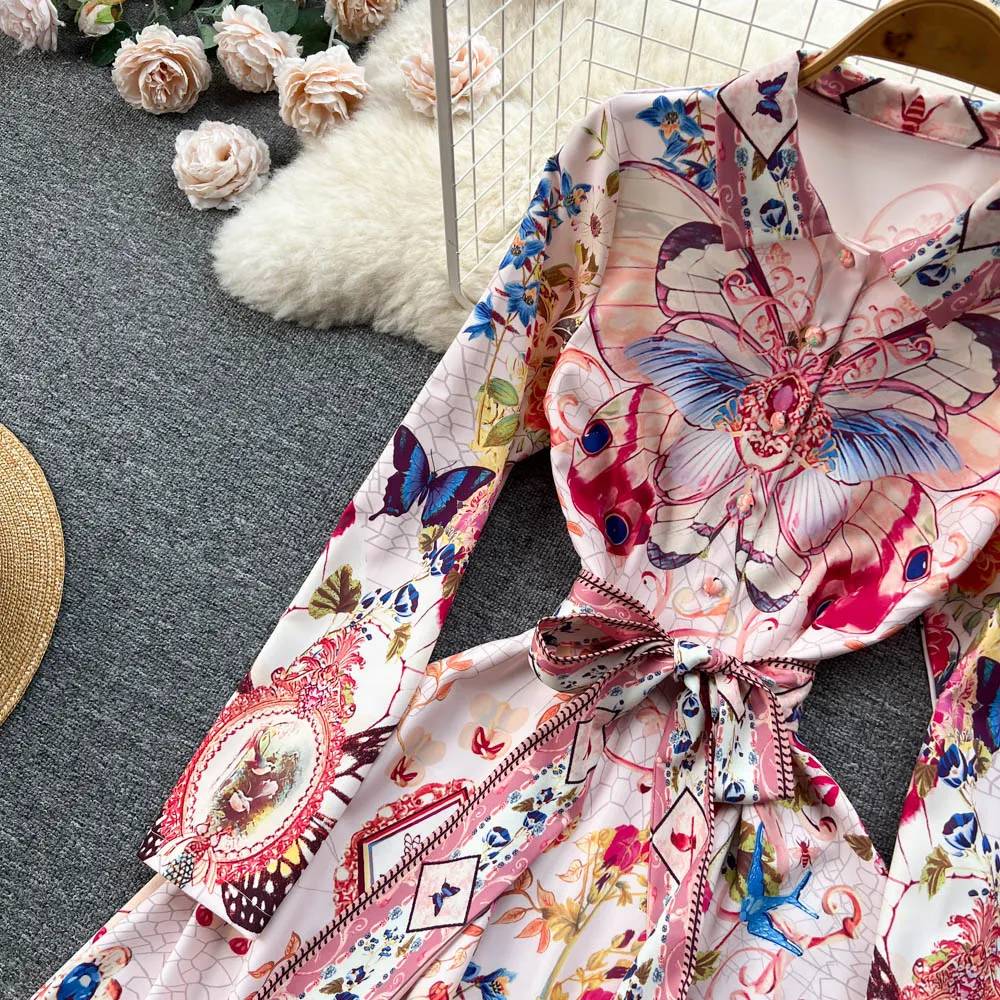 Vintage Printed Single-breasted A-line Dress