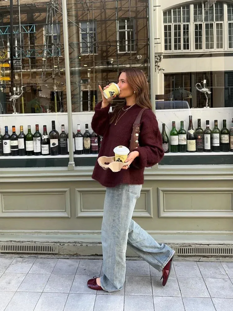 Vintage Round-neck Sweater fall knit sweater cardigan sweater loose long sleeves chic and cute