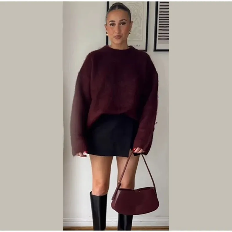 Vintage Round-neck Sweater fall knit sweater cardigan sweater loose long sleeves chic and cute