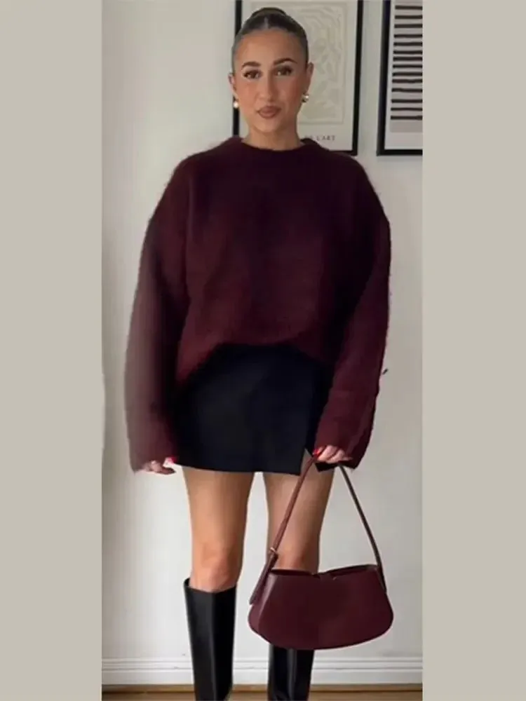 Vintage Round-neck Sweater fall knit sweater cardigan sweater loose long sleeves chic and cute