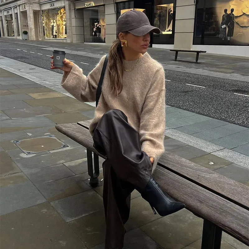 Vintage Round-neck Sweater fall knit sweater cardigan sweater loose long sleeves chic and cute