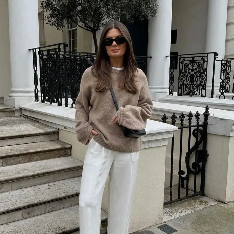 Vintage Round-neck Sweater fall knit sweater cardigan sweater loose long sleeves chic and cute