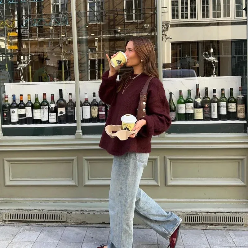 Vintage Round-neck Sweater fall knit sweater cardigan sweater loose long sleeves chic and cute