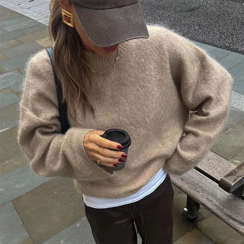 Vintage Round-neck Sweater fall knit sweater cardigan sweater loose long sleeves chic and cute