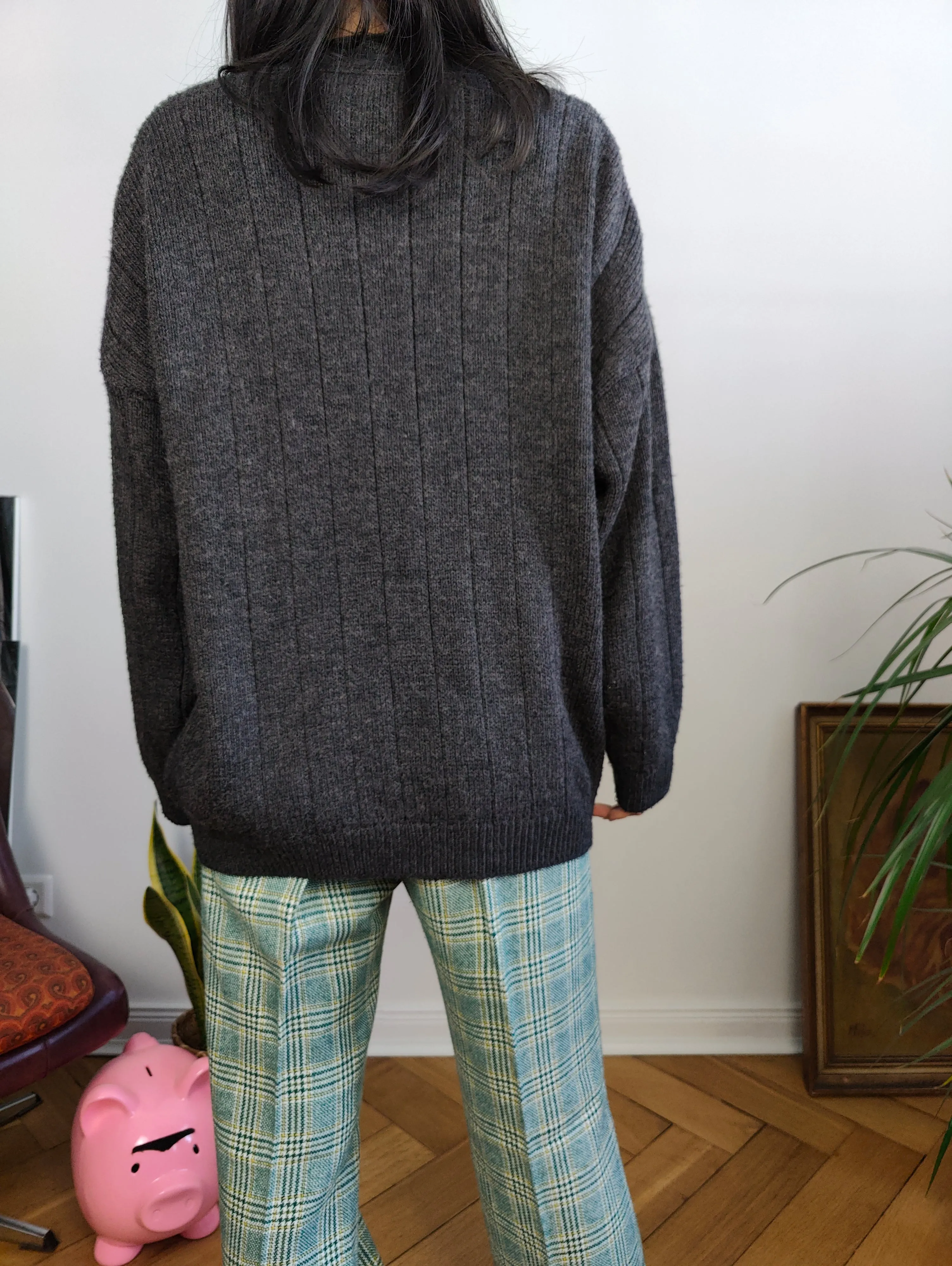 Vintage wool mix cardigan grey Max Dine cable knit knitted jacket Italy M-L