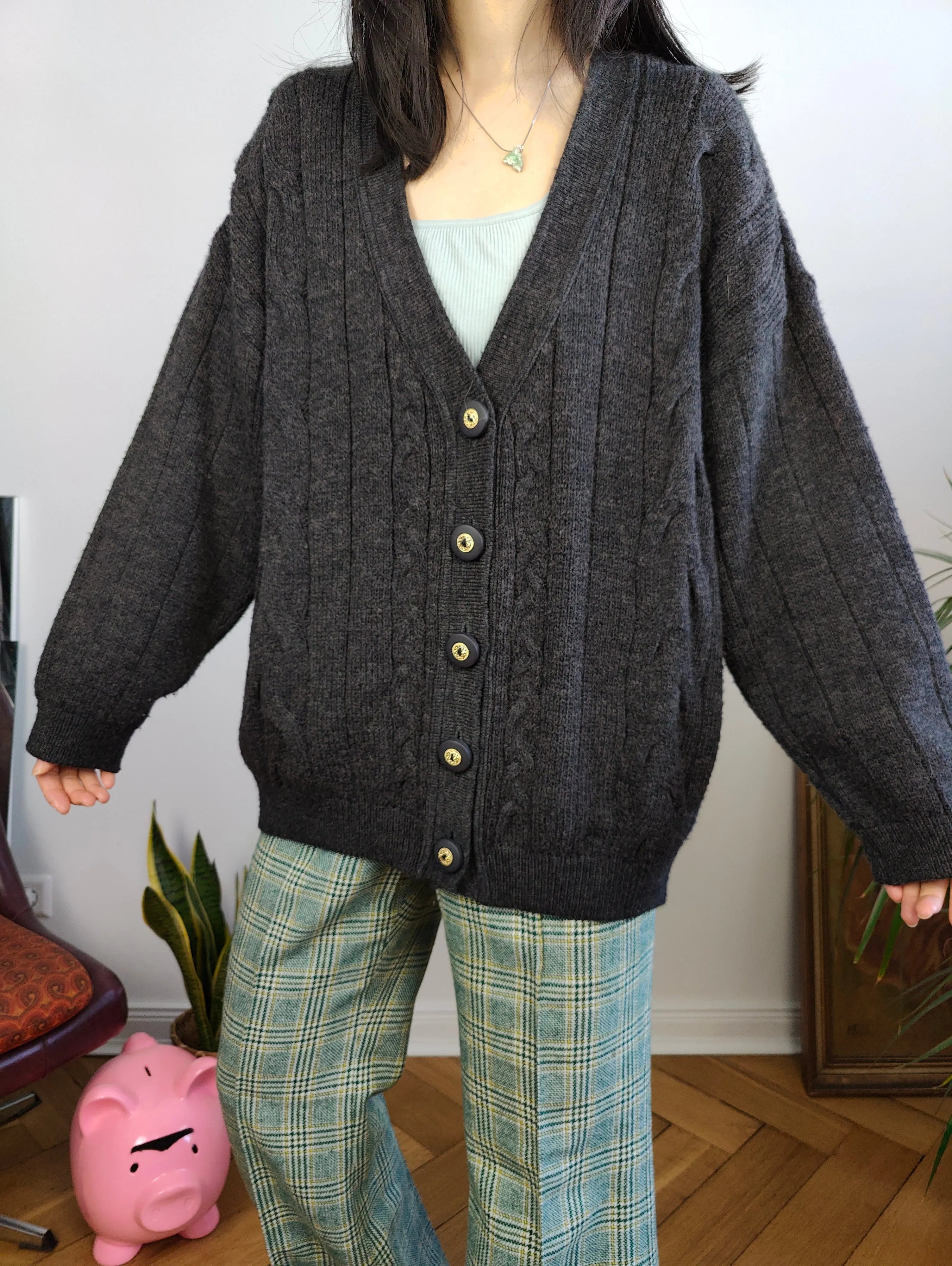 Vintage wool mix cardigan grey Max Dine cable knit knitted jacket Italy M-L