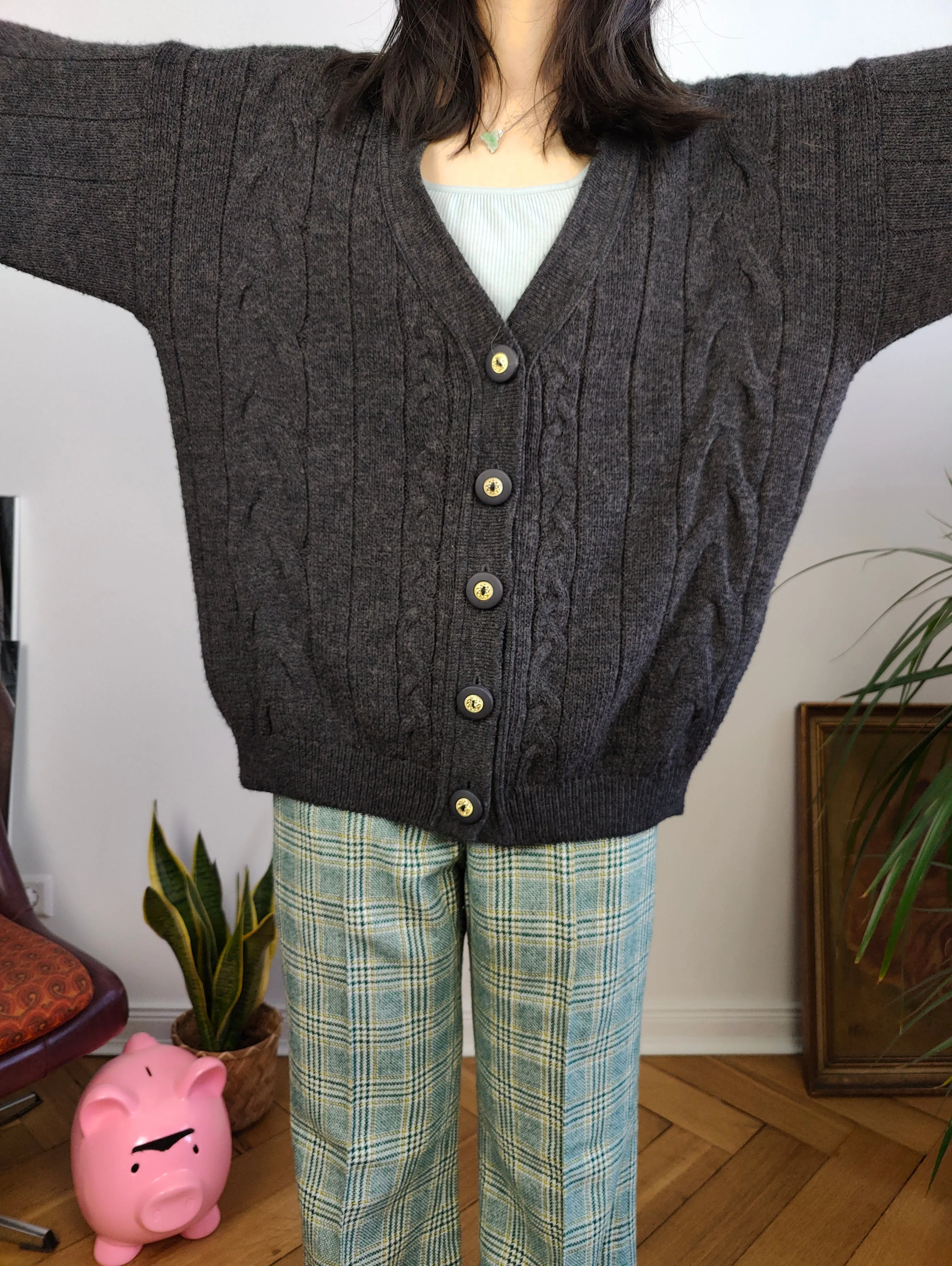 Vintage wool mix cardigan grey Max Dine cable knit knitted jacket Italy M-L