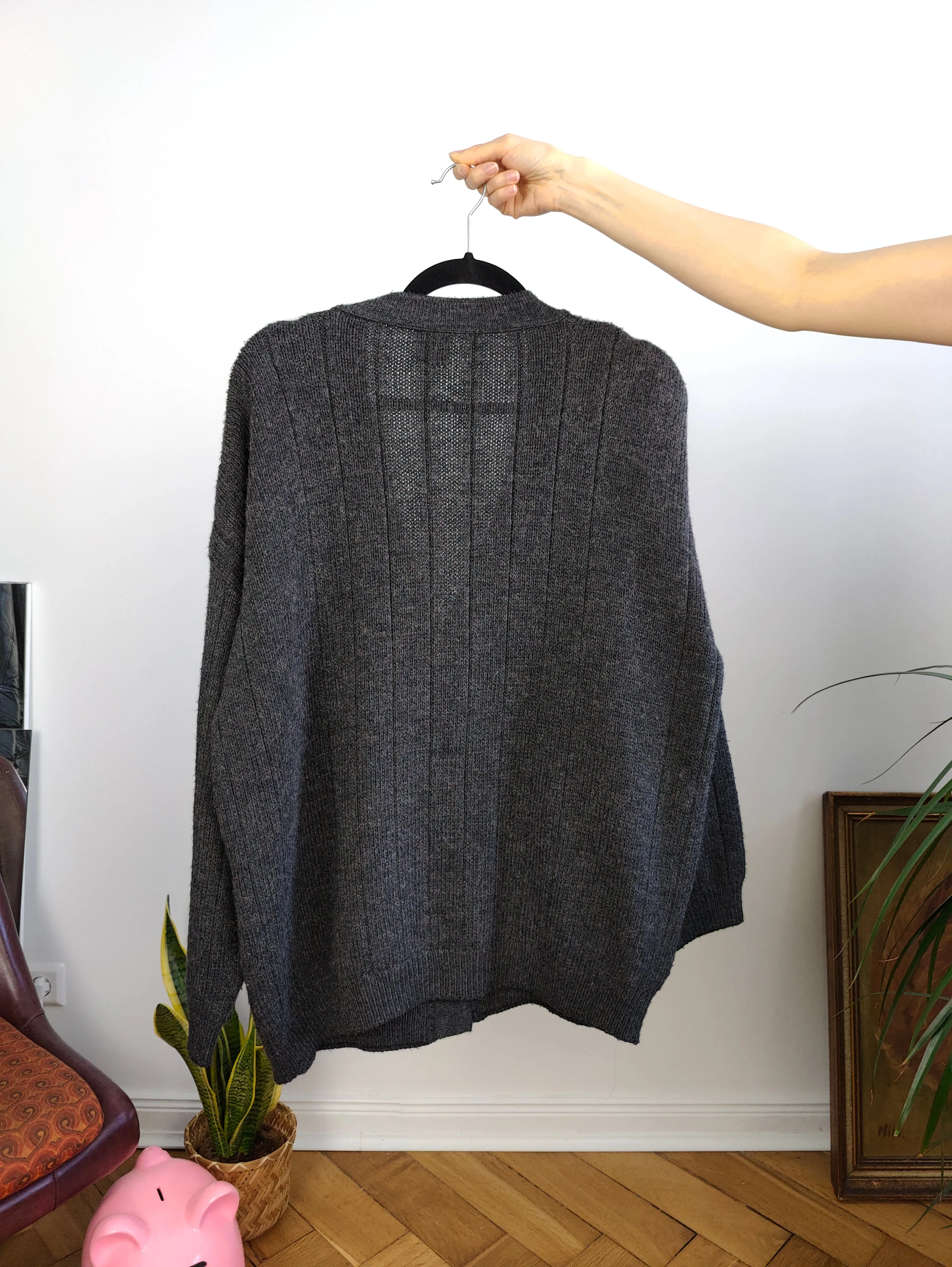 Vintage wool mix cardigan grey Max Dine cable knit knitted jacket Italy M-L