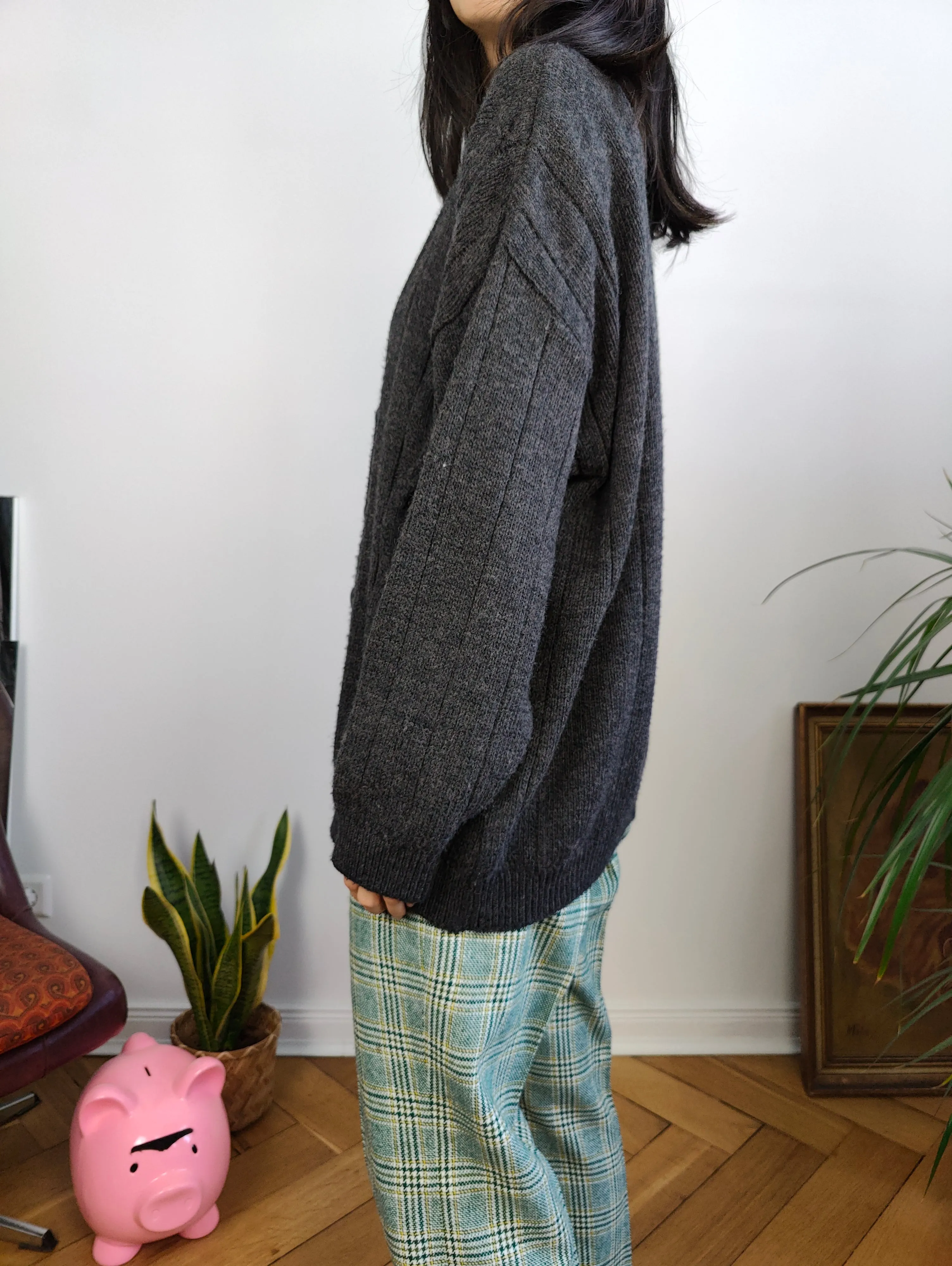 Vintage wool mix cardigan grey Max Dine cable knit knitted jacket Italy M-L