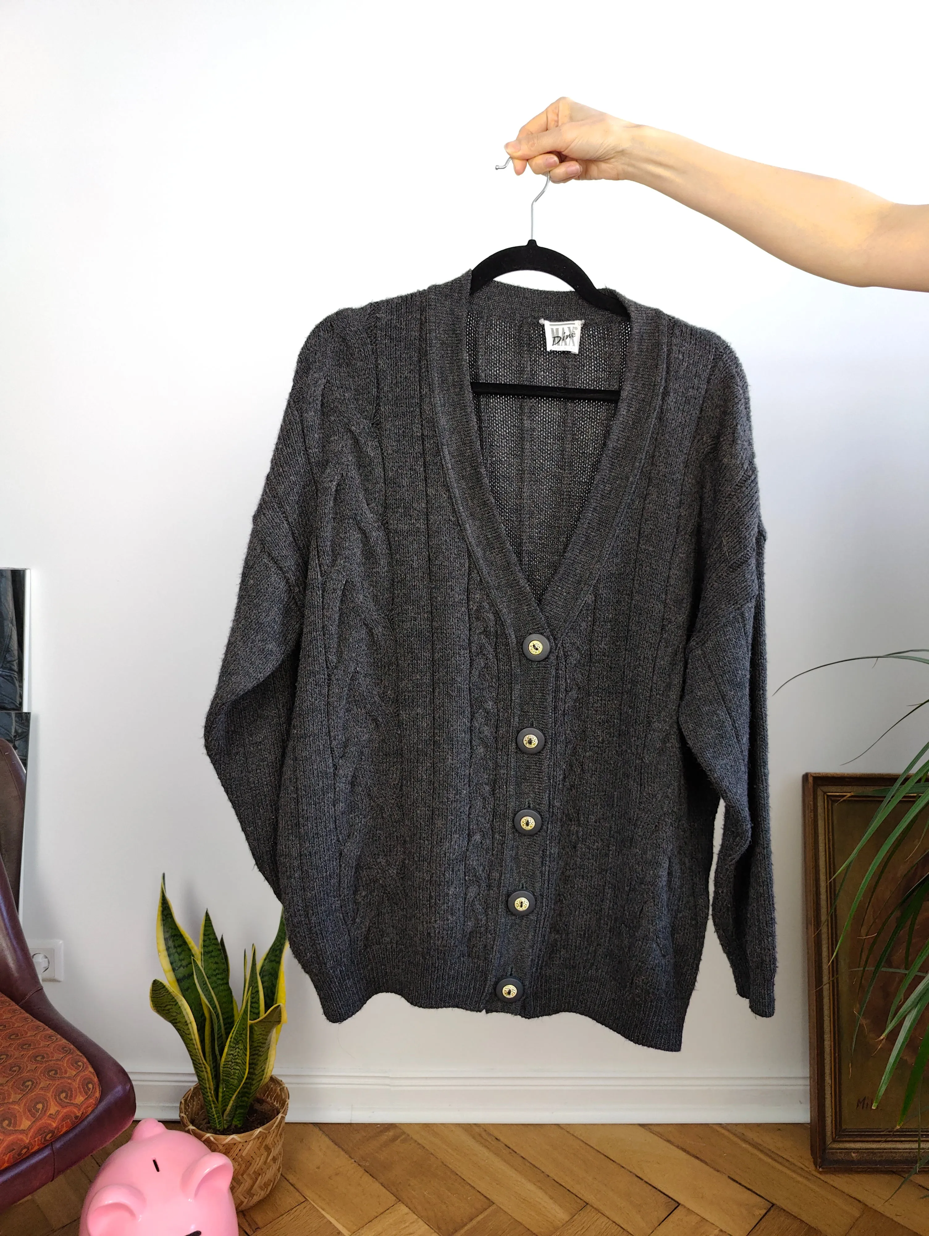 Vintage wool mix cardigan grey Max Dine cable knit knitted jacket Italy M-L