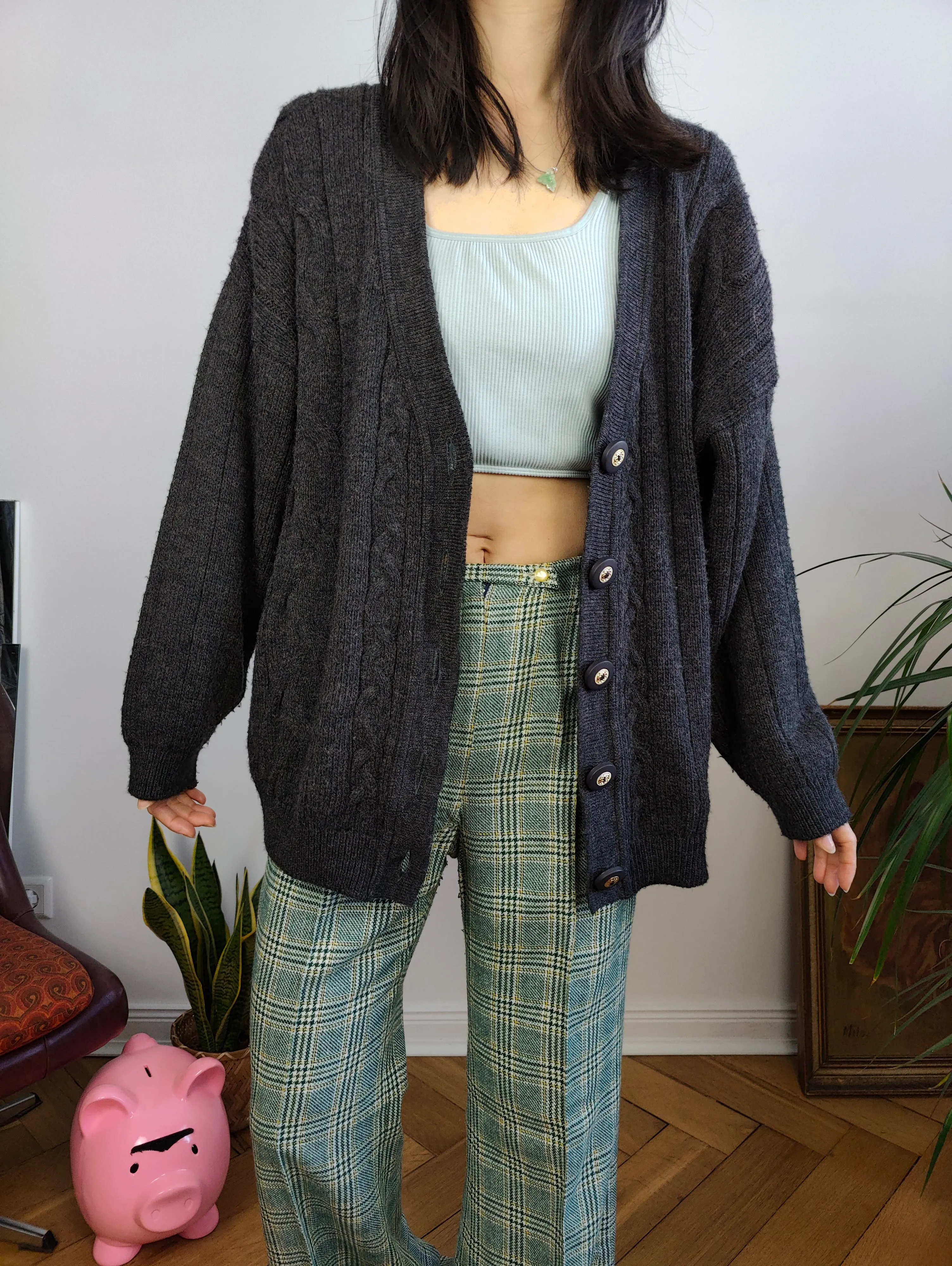 Vintage wool mix cardigan grey Max Dine cable knit knitted jacket Italy M-L