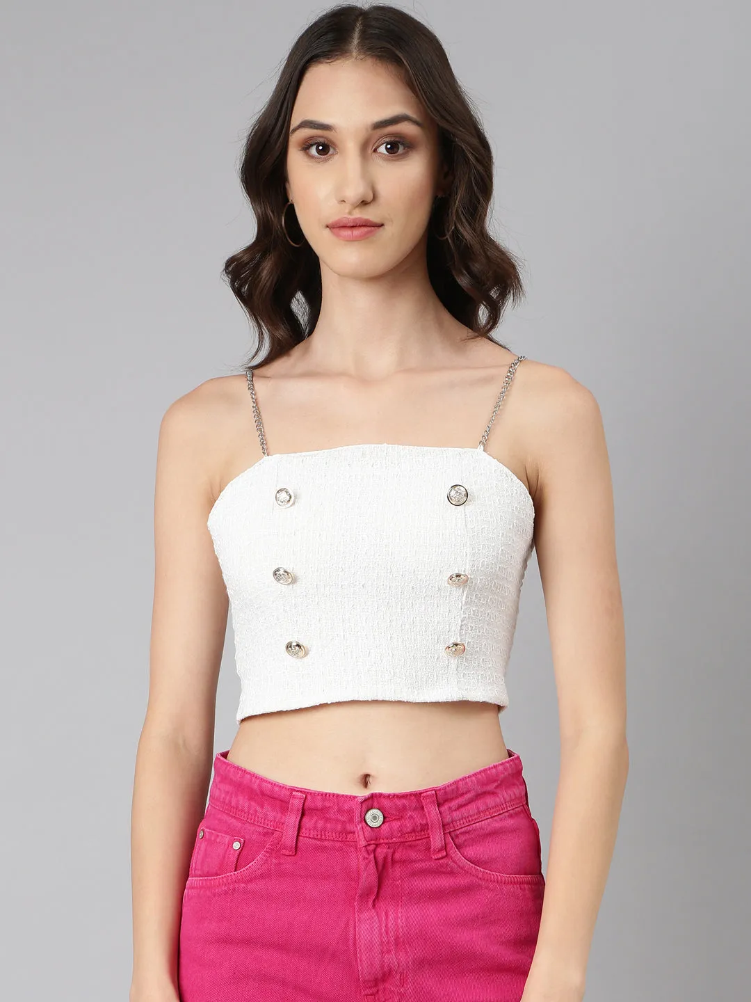 Women Off White Textured Bralette Crop Top
