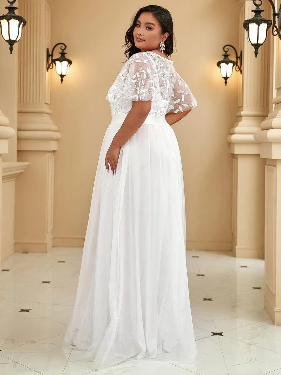 Women's A-Line Sequin Leaf Maxi Prom Dress with Sleeves