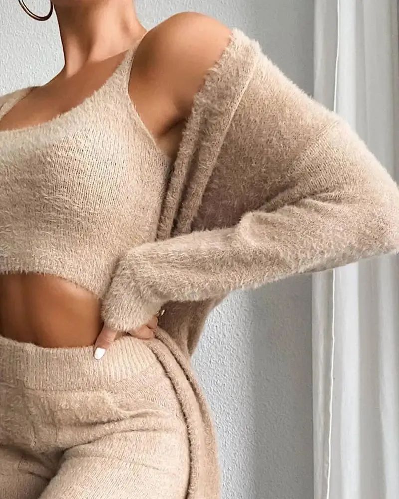 Women's Fall/Winter Sweater Pajama Set with Robe - Cozy Lounge Wear in Fuzzy Fleece Fabric - 3-Piece Set