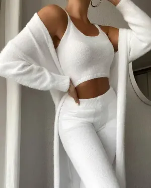 Women's Fall/Winter Sweater Pajama Set with Robe - Cozy Lounge Wear in Fuzzy Fleece Fabric - 3-Piece Set