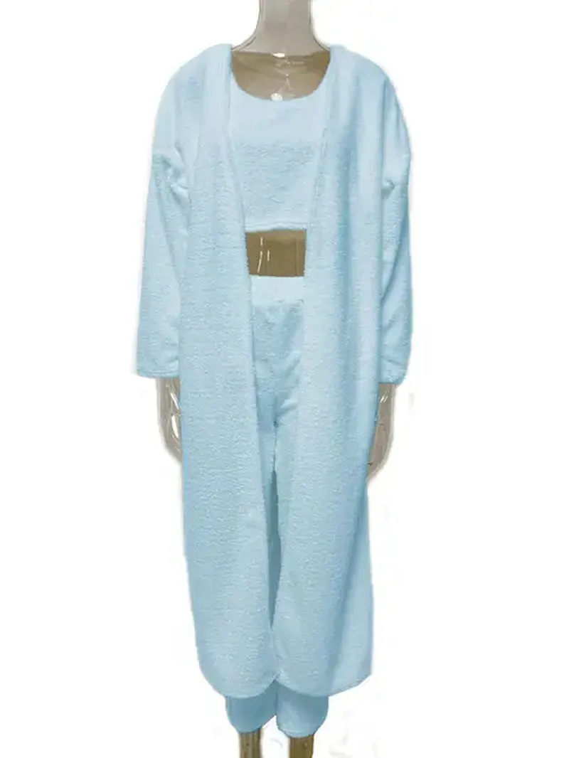 Women's Fall/Winter Sweater Pajama Set with Robe - Cozy Lounge Wear in Fuzzy Fleece Fabric - 3-Piece Set