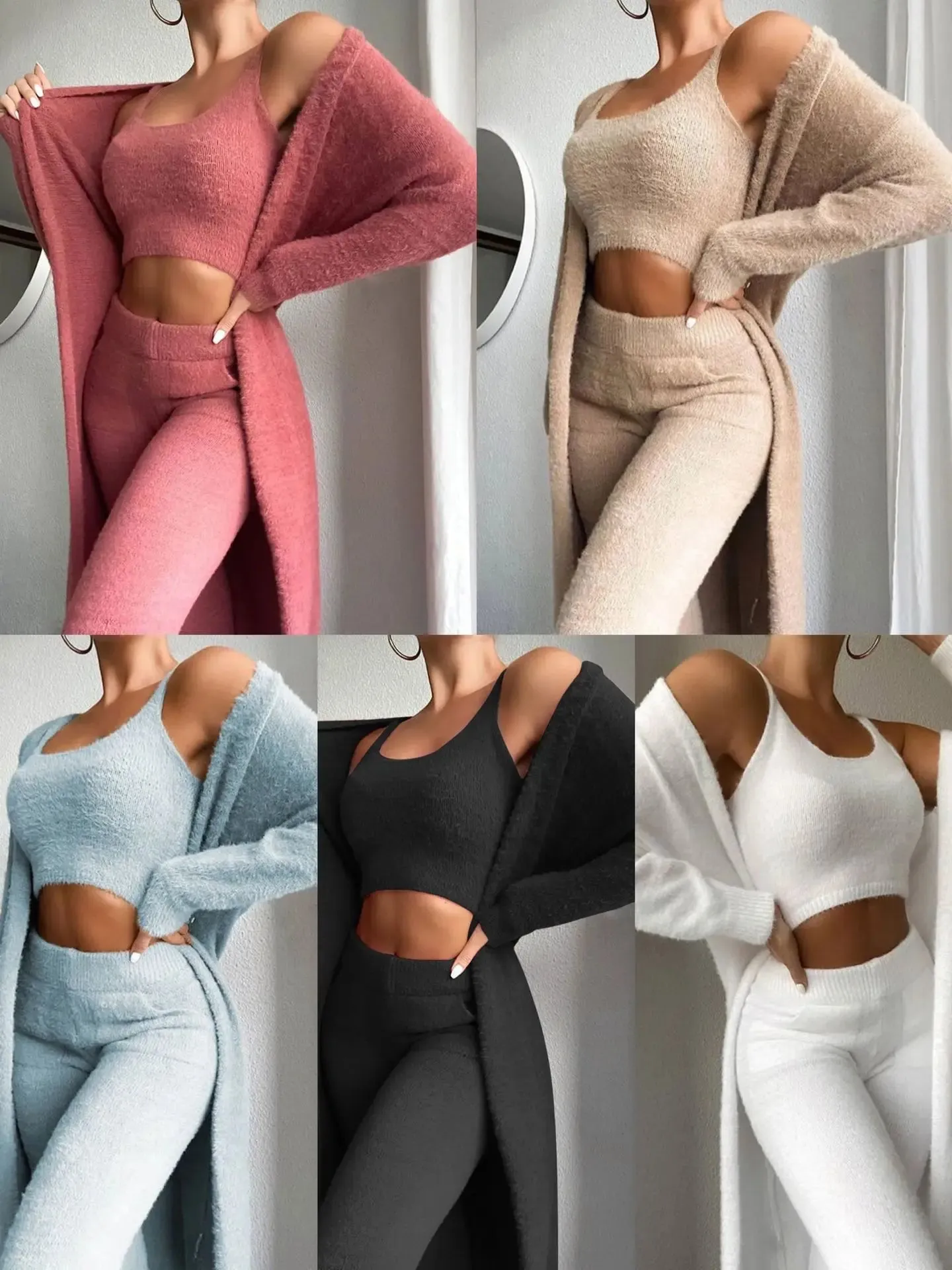 Women's Fall/Winter Sweater Pajama Set with Robe - Cozy Lounge Wear in Fuzzy Fleece Fabric - 3-Piece Set