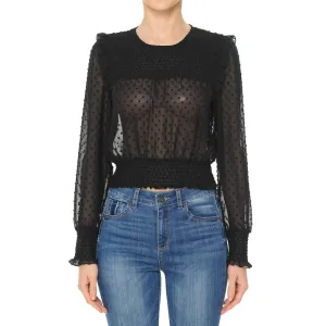Women's Smocked Swiss Dot Crepe Chiffon Ruffled Black Shoulder Top Small