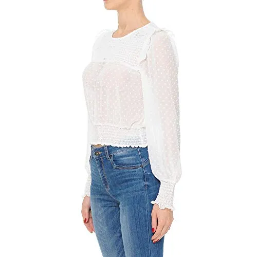 Women's Smocked Swiss Dot Crepe Chiffon Ruffled Black Shoulder Top Small